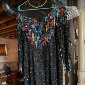 Vintage Niteline Beaded 100% Silk Party Dress Knee Length Size 8 Black